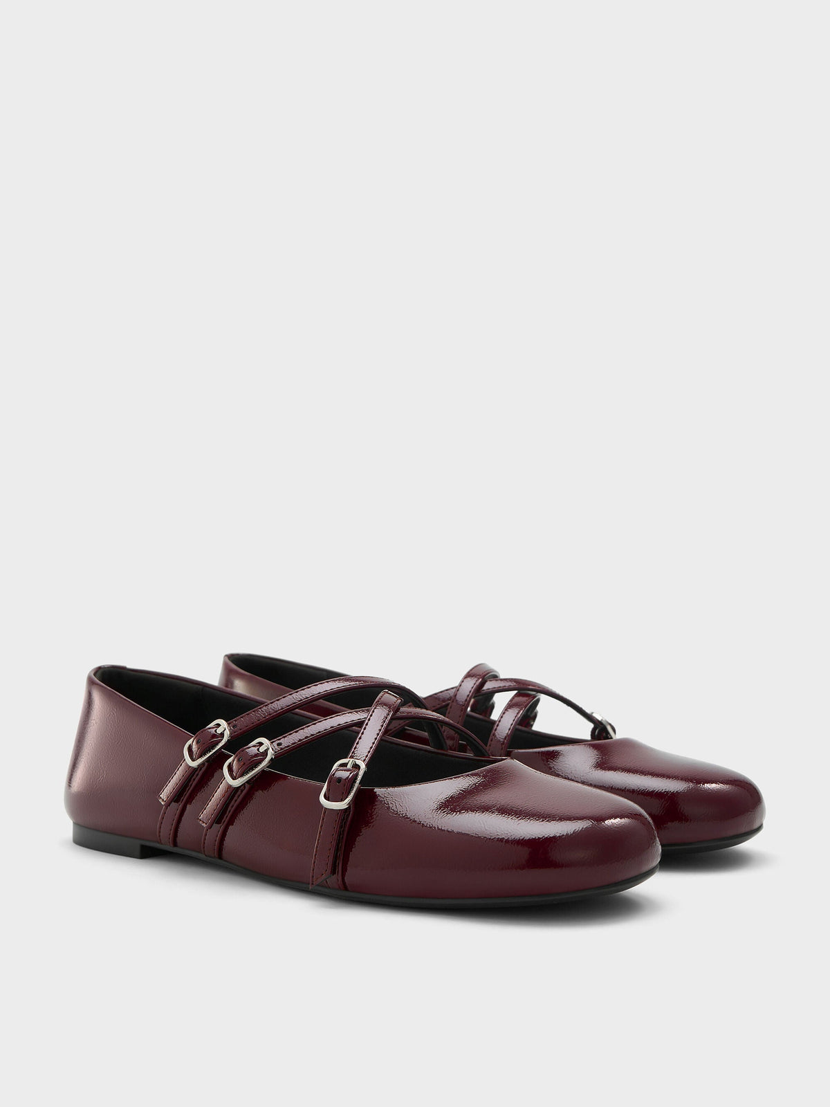 CHARLES & KEITH Quality / Patent Triple-Strap Mary Jane Flats - Burgundy