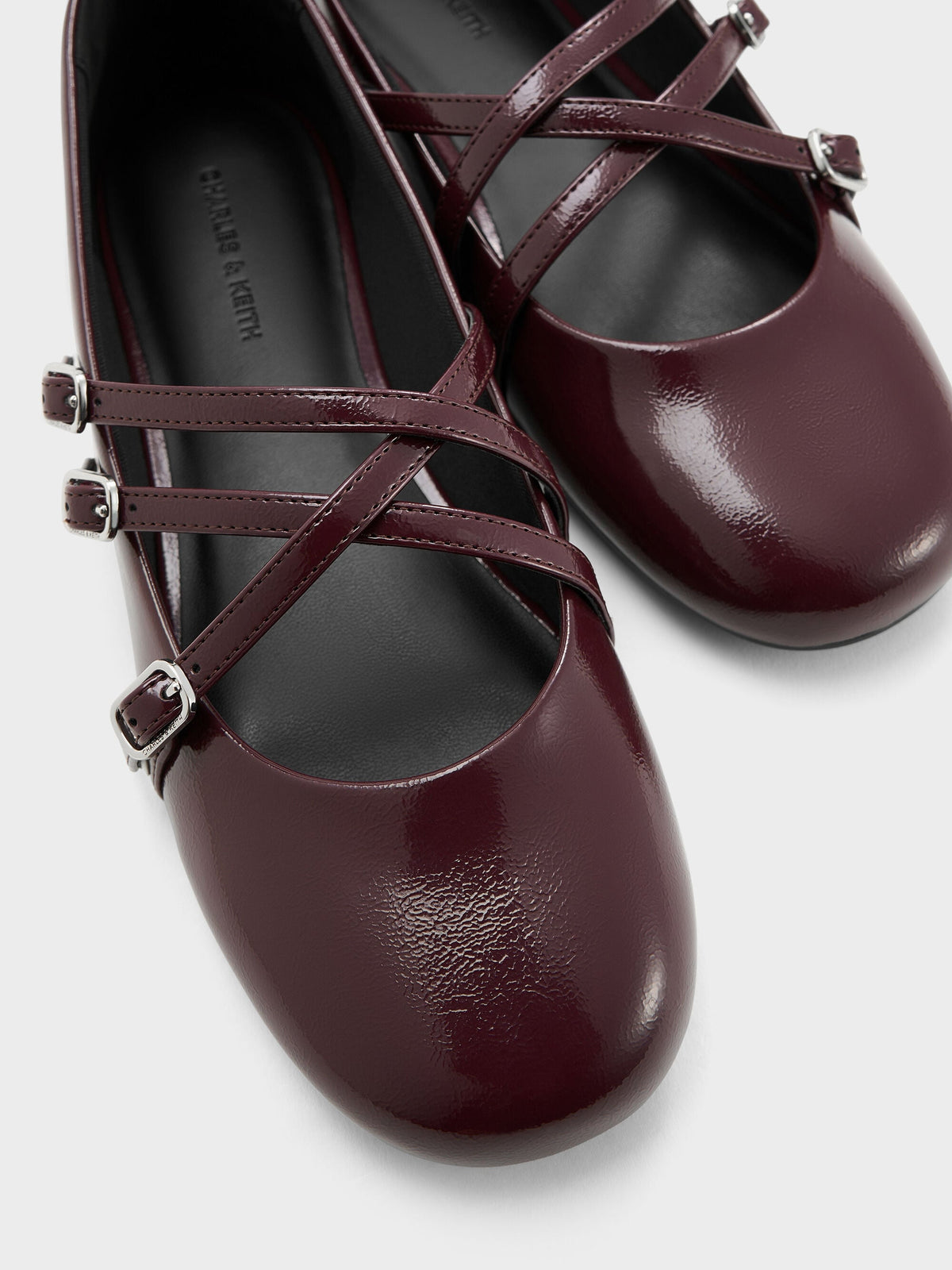 CHARLES & KEITH Quality / Patent Triple-Strap Mary Jane Flats - Burgundy