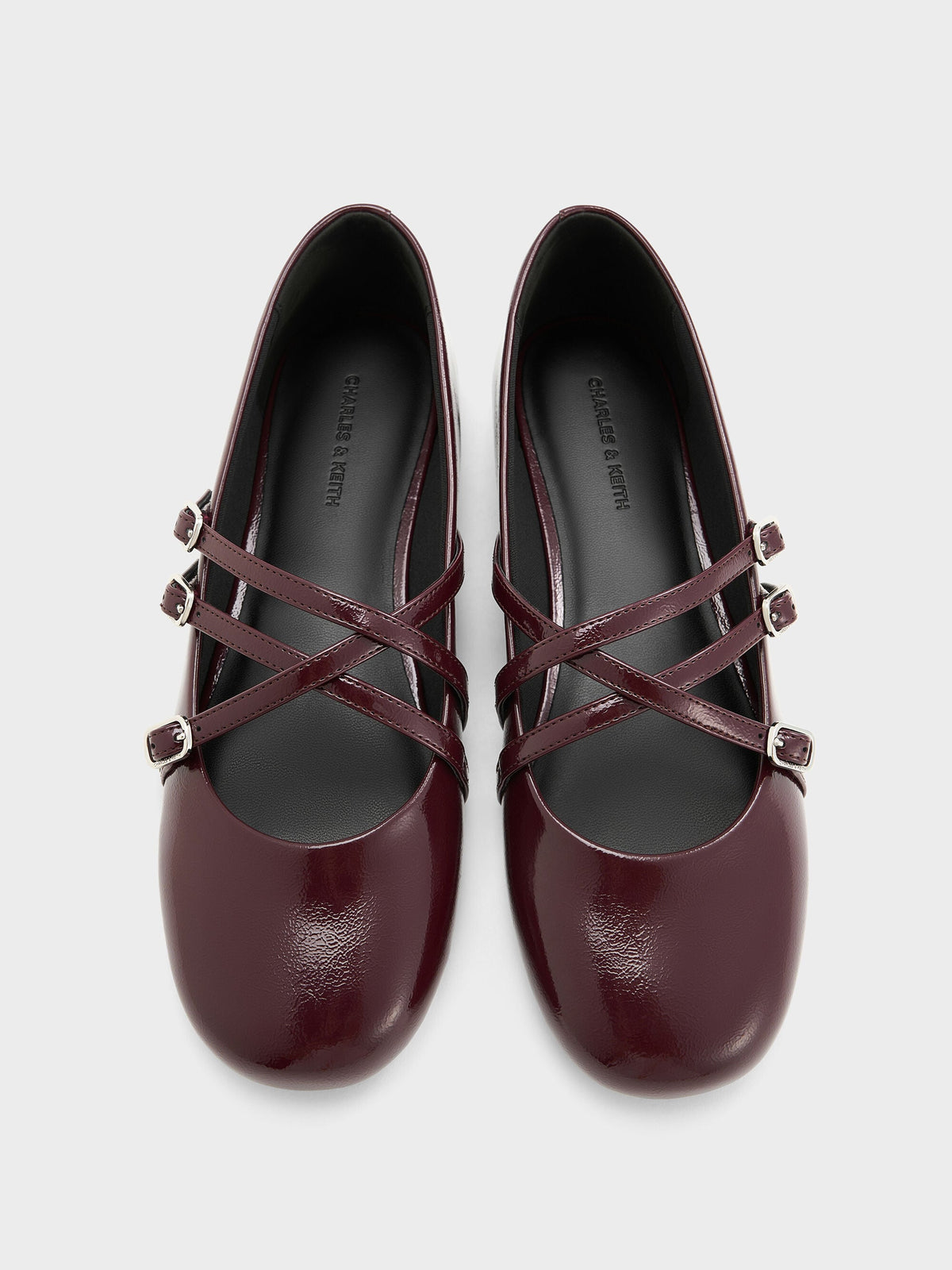 CHARLES & KEITH Quality / Patent Triple-Strap Mary Jane Flats - Burgundy