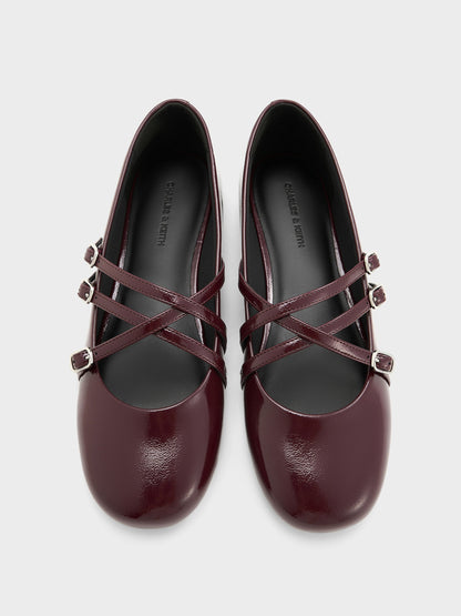 CHARLES & KEITH Quality / Patent Triple-Strap Mary Jane Flats - Burgundy