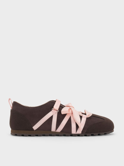 CHARLES & KEITH New / Silko Faux Suede Ballet Sneakers - Dark Brown Textured
