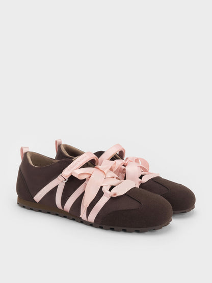 CHARLES & KEITH New / Silko Faux Suede Ballet Sneakers - Dark Brown Textured