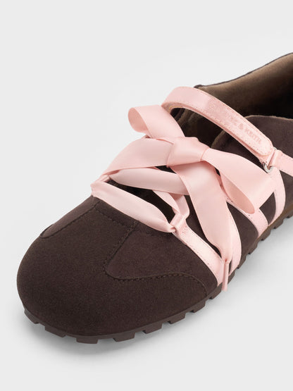 CHARLES & KEITH New / Silko Faux Suede Ballet Sneakers - Dark Brown Textured