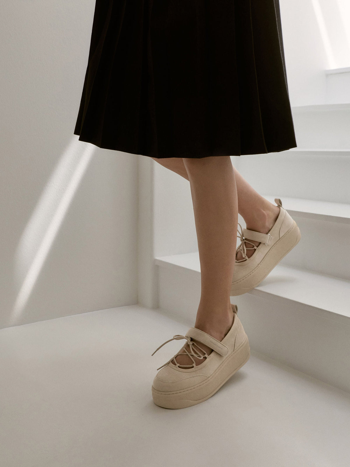 CHARLES & KEITH Great Value / Faux Suede Mary Jane Platform Sneakers - Beige