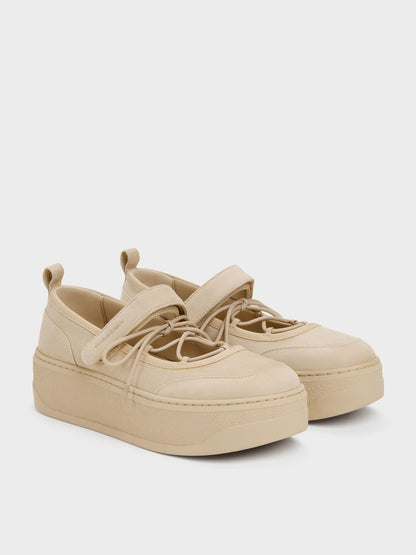 CHARLES & KEITH Great Value / Faux Suede Mary Jane Platform Sneakers - Beige