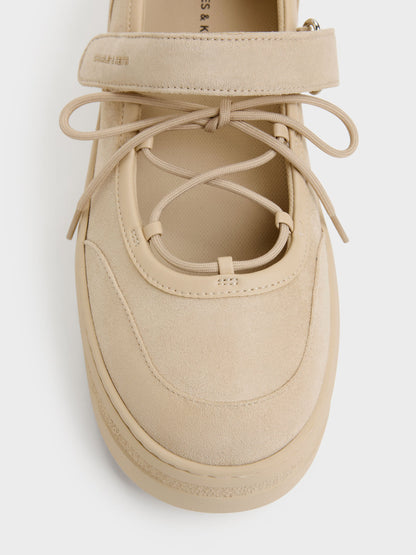 CHARLES & KEITH Great Value / Faux Suede Mary Jane Platform Sneakers - Beige