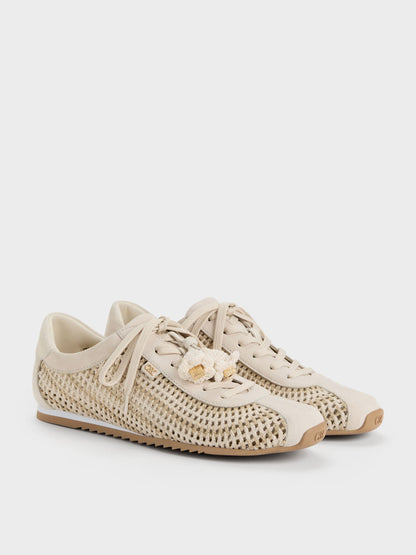 CHARLES & KEITH Best Price / Jace Crochet & Suede Flower Sneakers - Chalk