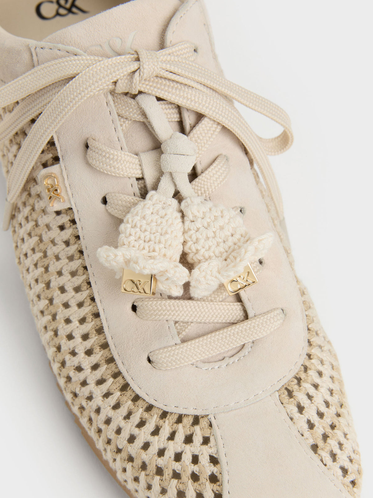 CHARLES & KEITH Best Price / Jace Crochet & Suede Flower Sneakers - Chalk