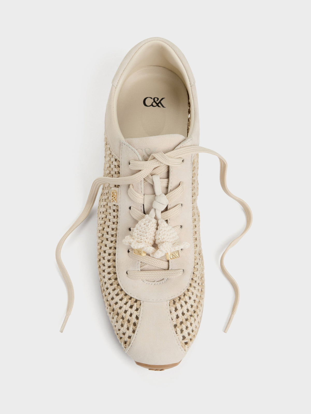 CHARLES & KEITH Best Price / Jace Crochet & Suede Flower Sneakers - Chalk