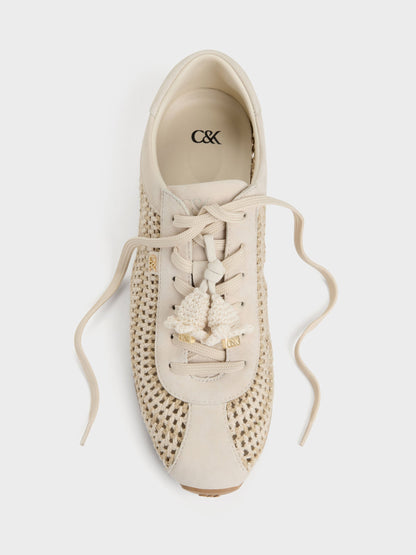 CHARLES & KEITH Best Price / Jace Crochet & Suede Flower Sneakers - Chalk