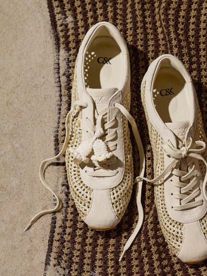 CHARLES & KEITH Best Price / Jace Crochet & Suede Flower Sneakers - Chalk