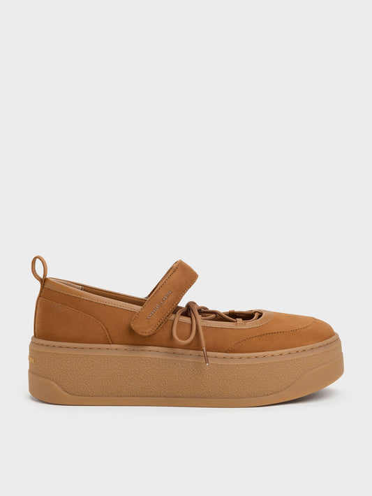CHARLES & KEITH Quality / Faux Suede Mary Jane Platform Sneakers - Cognac