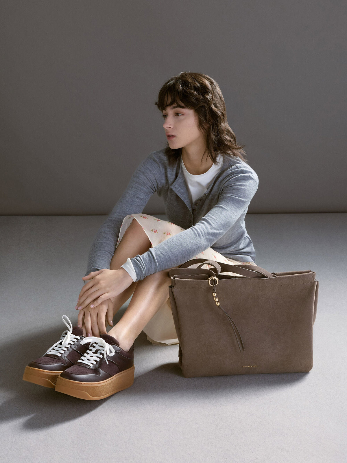 CHARLES & KEITH New / Faux Suede Platform Sneakers - Dark Brown Textured