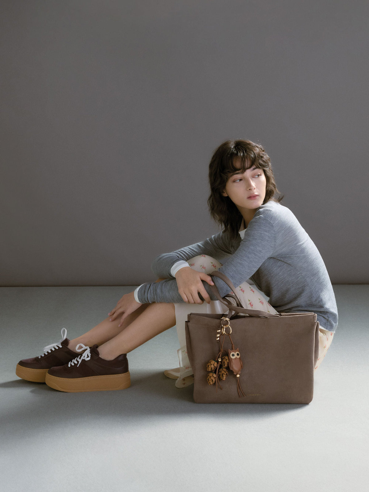 CHARLES & KEITH New / Faux Suede Platform Sneakers - Dark Brown Textured