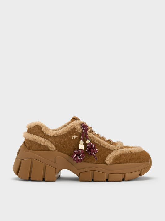 CHARLES & KEITH Top Pick / Yunna Suede & Faux Shearling Chunky Sneakers - Brown