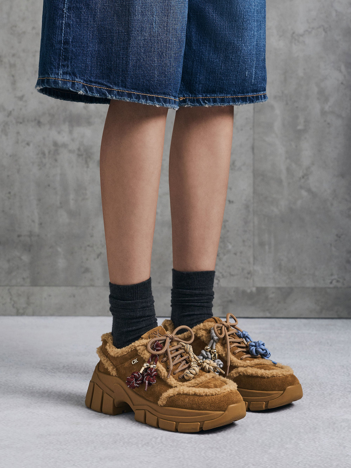 CHARLES & KEITH Top Pick / Yunna Suede & Faux Shearling Chunky Sneakers - Brown