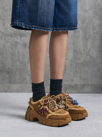 CHARLES & KEITH Top Pick / Yunna Suede & Faux Shearling Chunky Sneakers - Brown