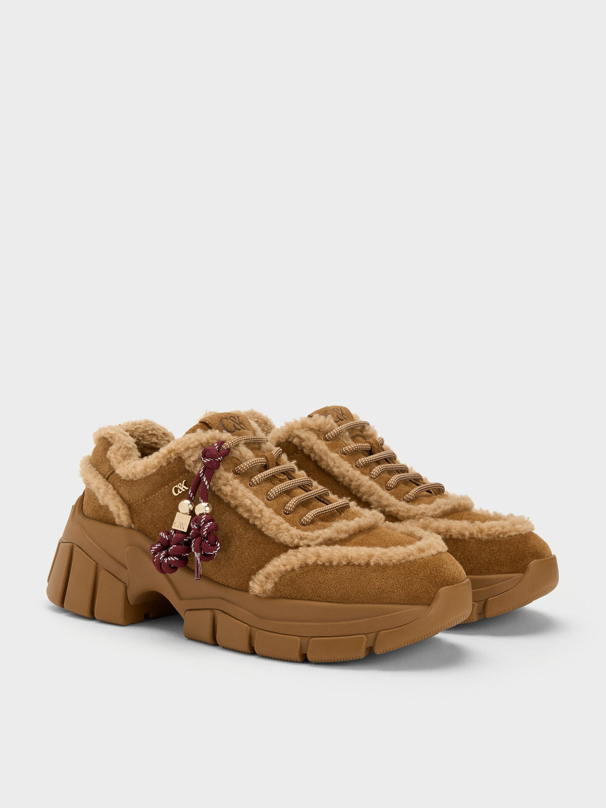 CHARLES & KEITH Top Pick / Yunna Suede & Faux Shearling Chunky Sneakers - Brown