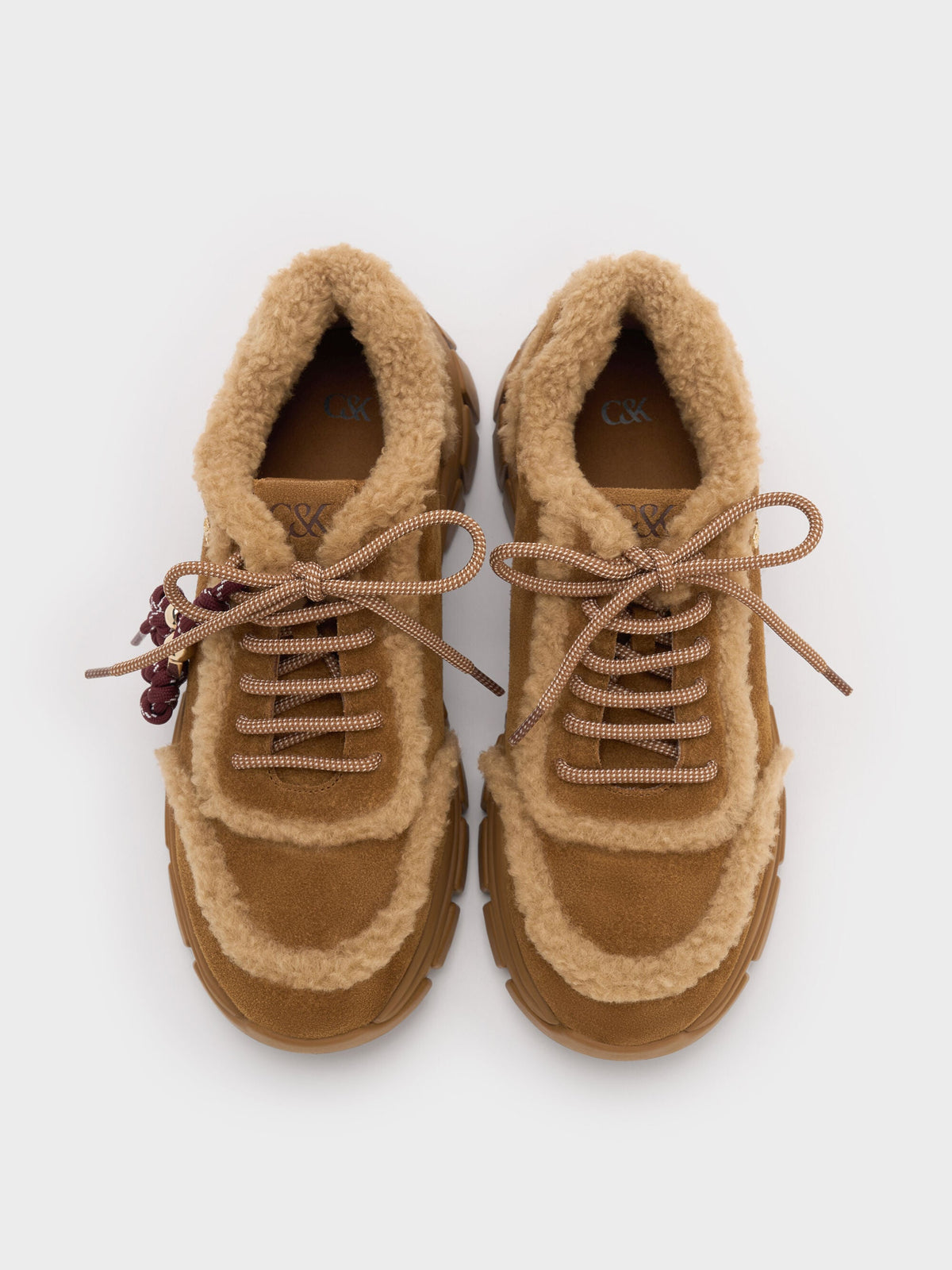 CHARLES & KEITH Top Pick / Yunna Suede & Faux Shearling Chunky Sneakers - Brown