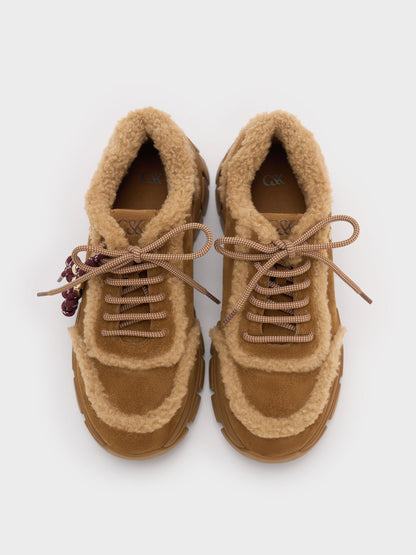 CHARLES & KEITH Top Pick / Yunna Suede & Faux Shearling Chunky Sneakers - Brown