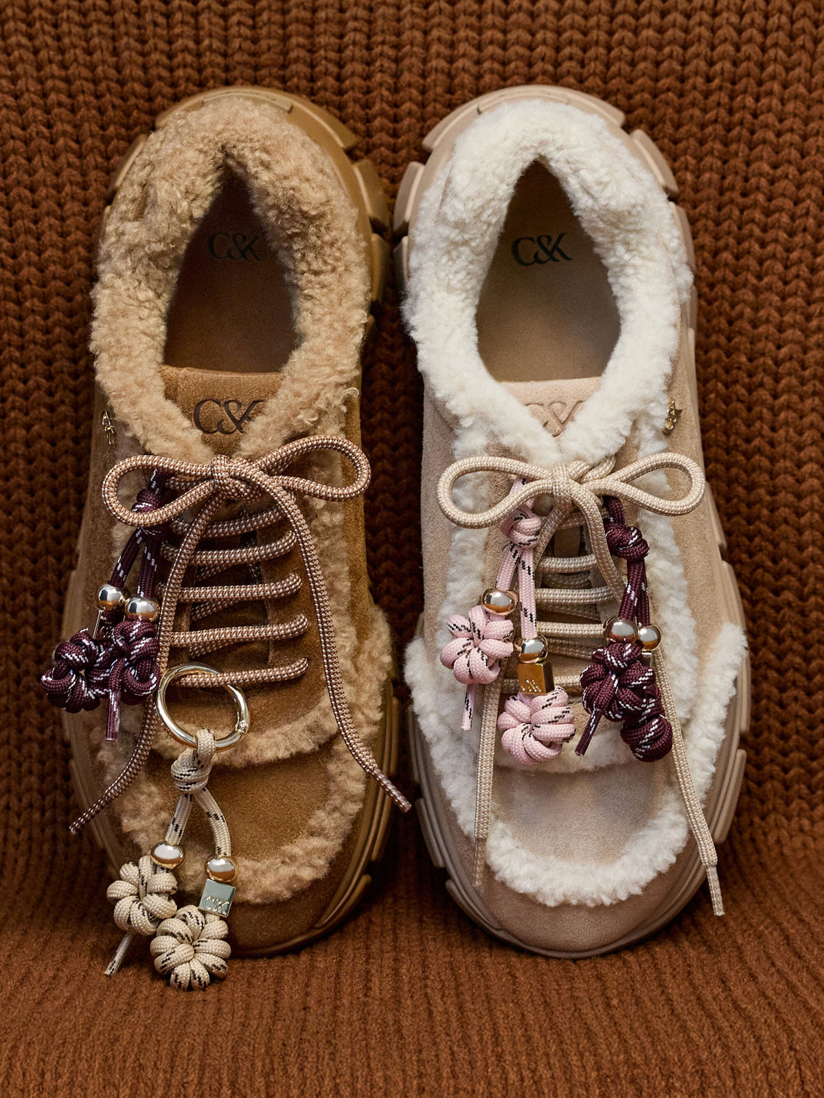 CHARLES & KEITH Top Pick / Yunna Suede & Faux Shearling Chunky Sneakers - Brown