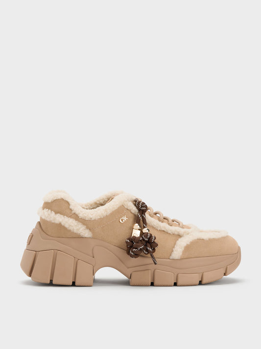 CHARLES & KEITH Exclusive / Yunna Suede & Faux Shearling Chunky Sneakers - Beige