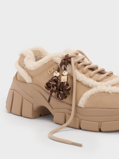 CHARLES & KEITH Exclusive / Yunna Suede & Faux Shearling Chunky Sneakers - Beige