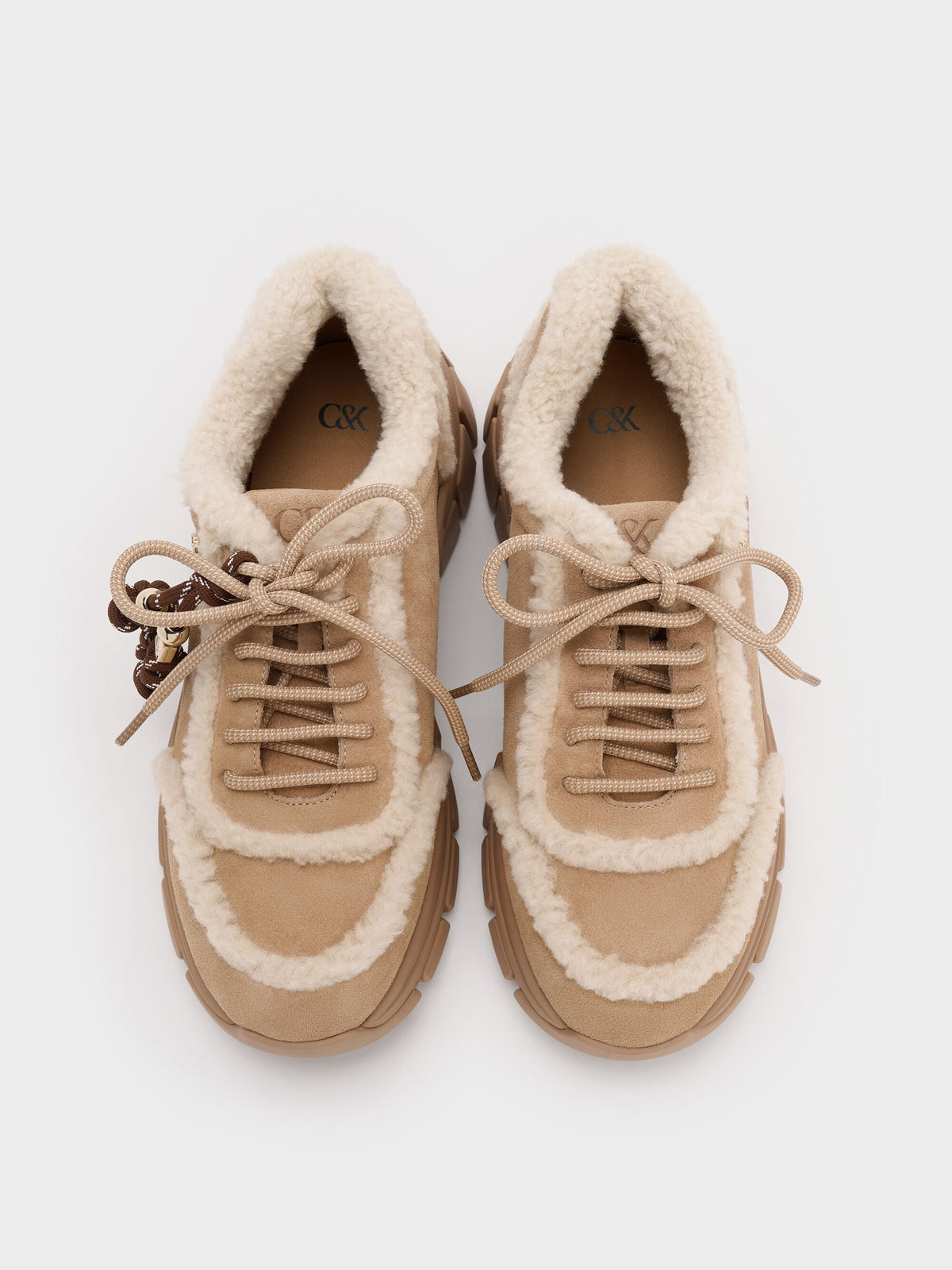 CHARLES & KEITH Exclusive / Yunna Suede & Faux Shearling Chunky Sneakers - Beige