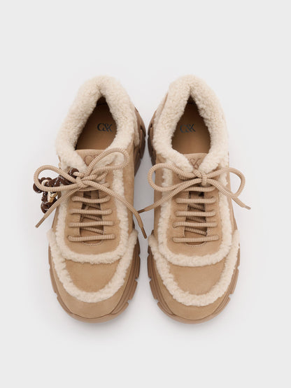CHARLES & KEITH Exclusive / Yunna Suede & Faux Shearling Chunky Sneakers - Beige