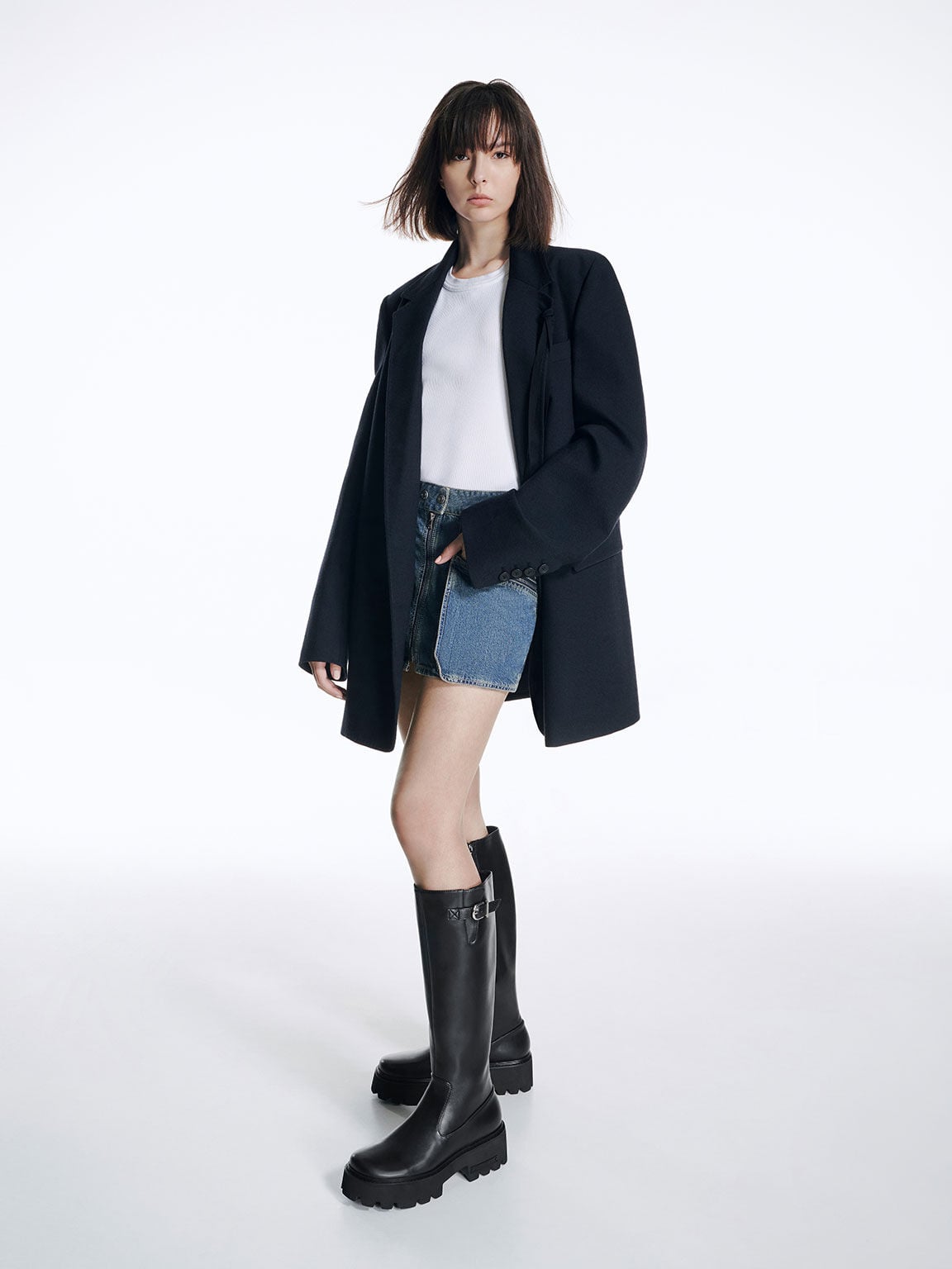 CHARLES & KEITH Discount / Imogen Side-Buckle Chunky Knee-High Boots - Black