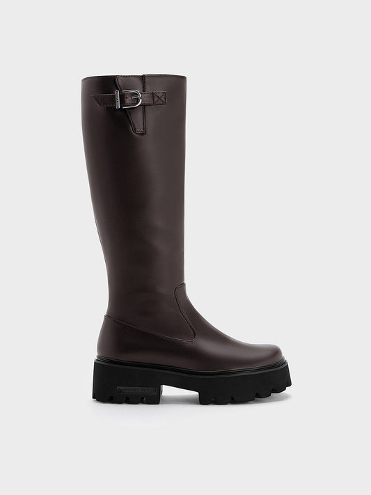 CHARLES & KEITH New / Imogen Side-Buckle Chunky Knee-High Boots - Dark Brown