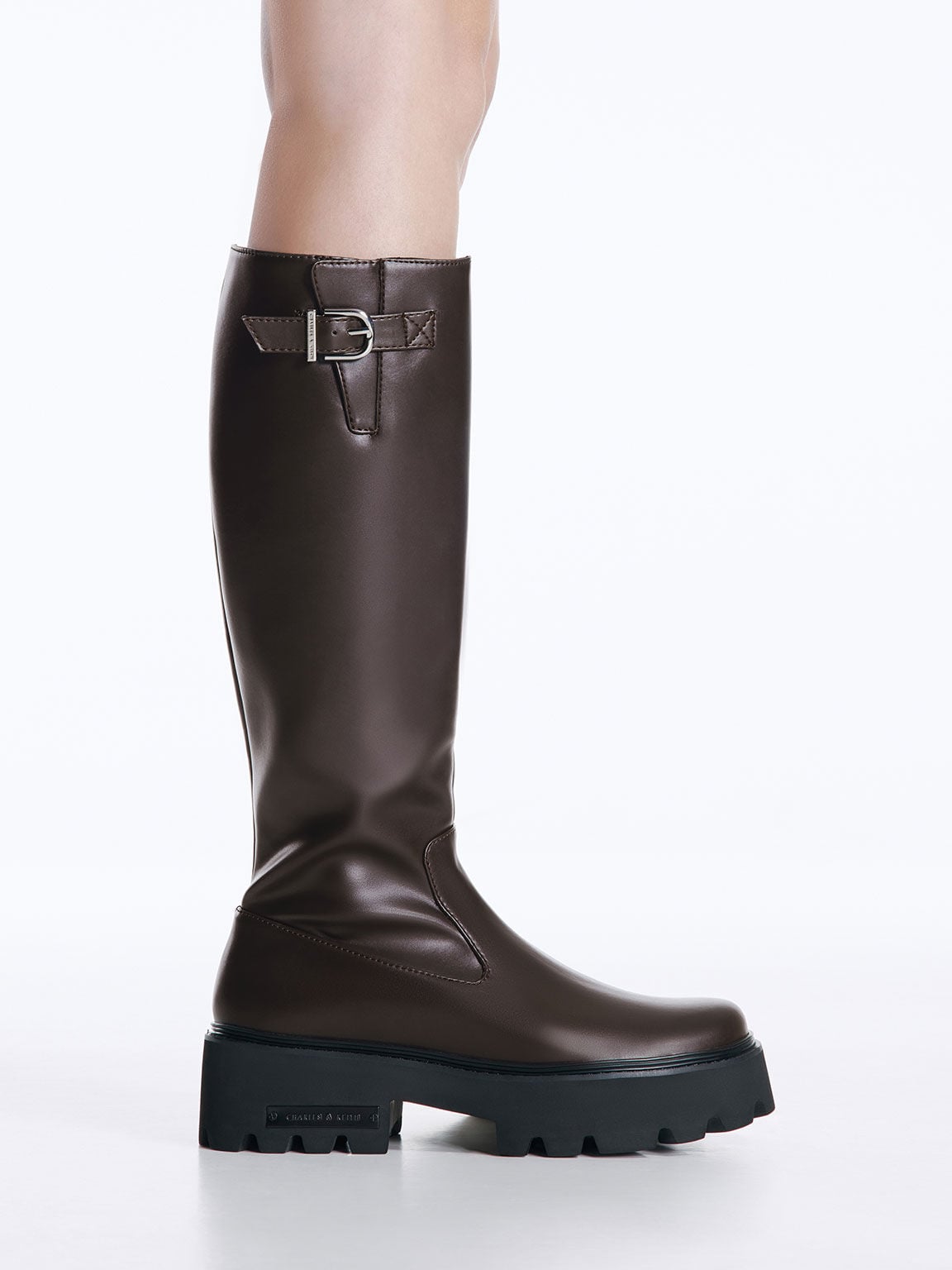 CHARLES & KEITH New / Imogen Side-Buckle Chunky Knee-High Boots - Dark Brown