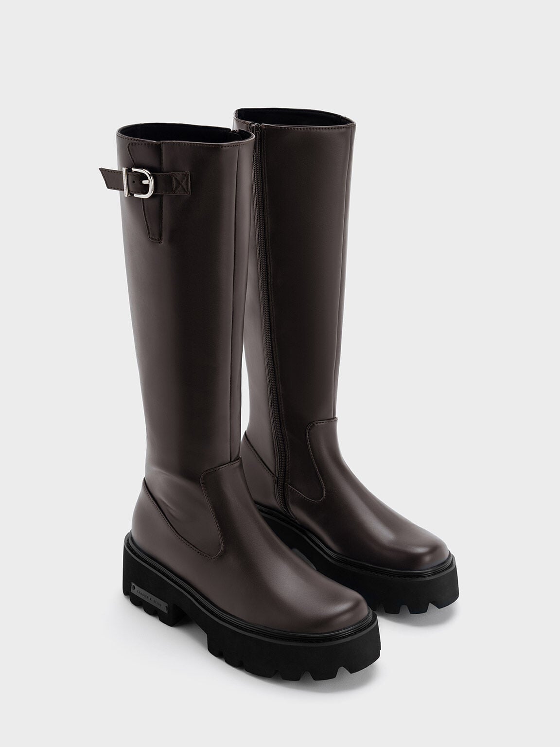 CHARLES & KEITH New / Imogen Side-Buckle Chunky Knee-High Boots - Dark Brown
