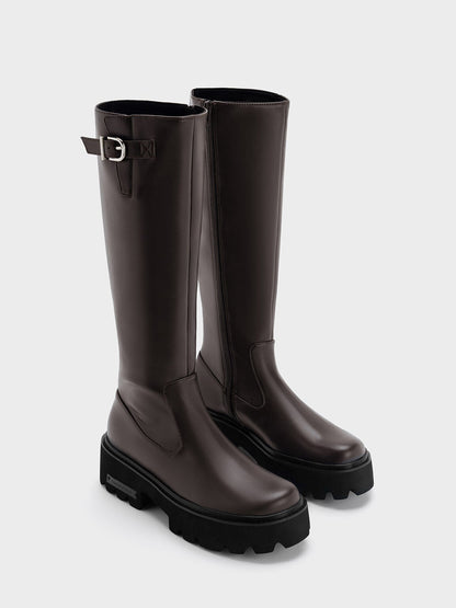 CHARLES & KEITH New / Imogen Side-Buckle Chunky Knee-High Boots - Dark Brown