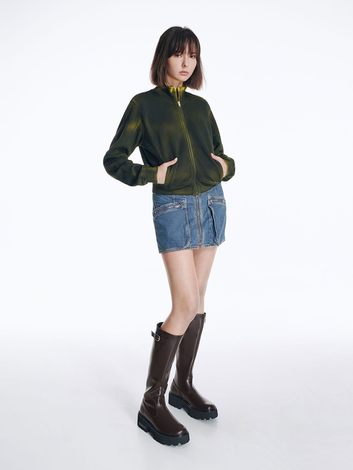 CHARLES & KEITH New / Imogen Side-Buckle Chunky Knee-High Boots - Dark Brown