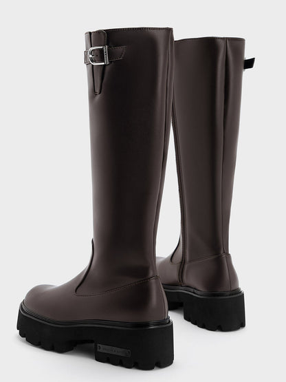 CHARLES & KEITH New / Imogen Side-Buckle Chunky Knee-High Boots - Dark Brown