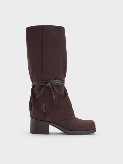 CHARLES & KEITH Quality / Faux Suede Tie-Around Knee-High Boots - Dark Brown Textured