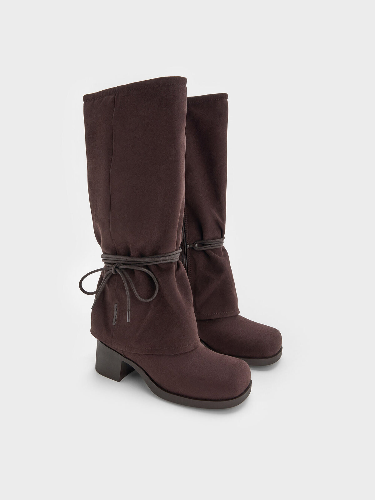 CHARLES & KEITH Quality / Faux Suede Tie-Around Knee-High Boots - Dark Brown Textured
