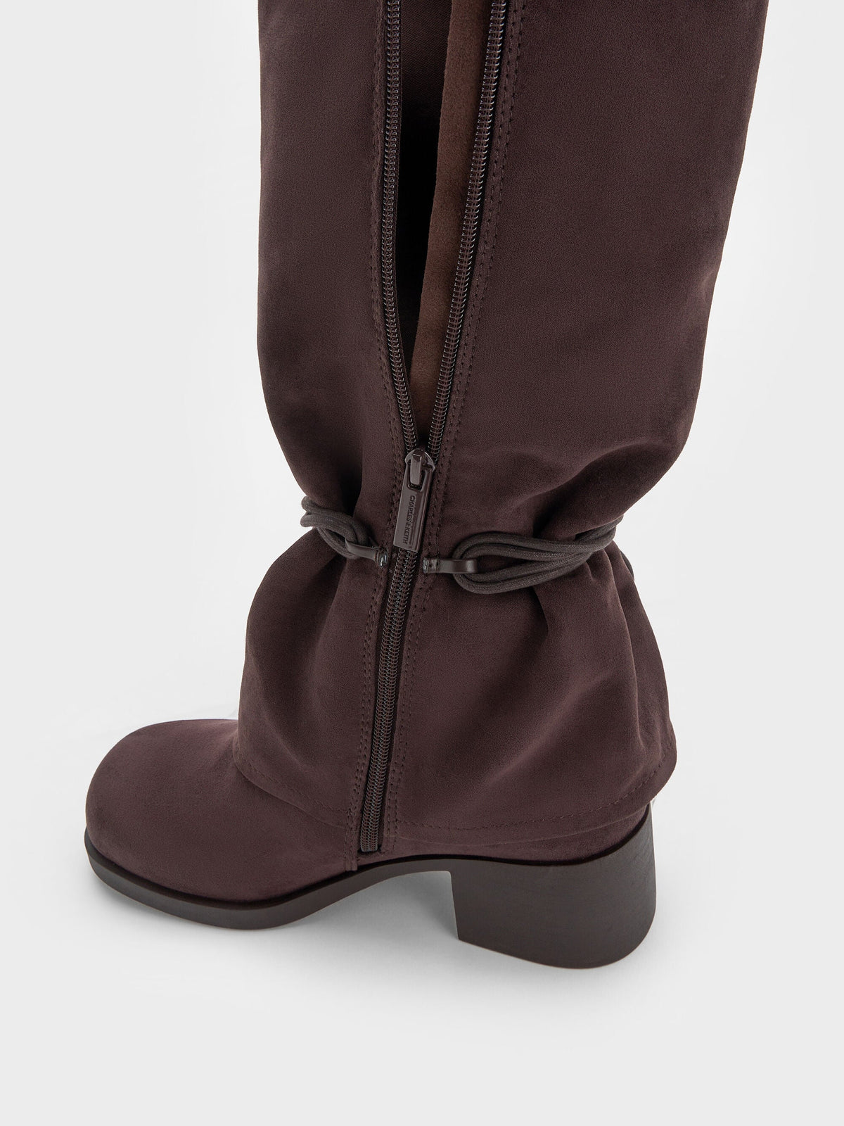 CHARLES & KEITH Quality / Faux Suede Tie-Around Knee-High Boots - Dark Brown Textured