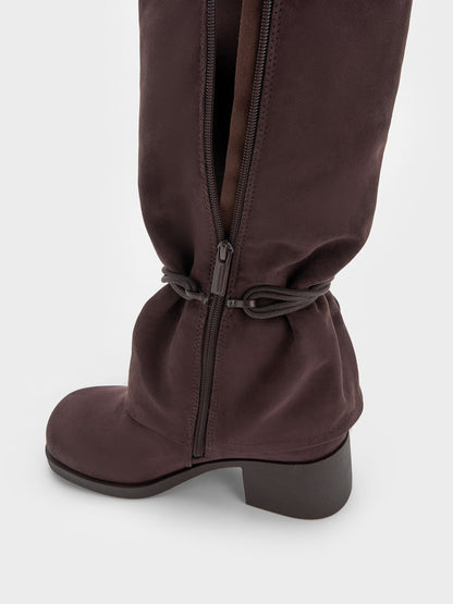 CHARLES & KEITH Quality / Faux Suede Tie-Around Knee-High Boots - Dark Brown Textured