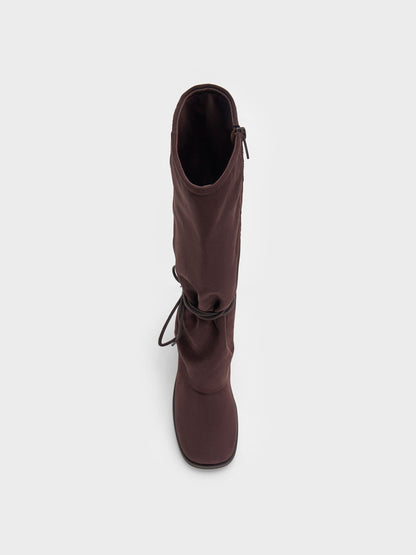 CHARLES & KEITH Quality / Faux Suede Tie-Around Knee-High Boots - Dark Brown Textured