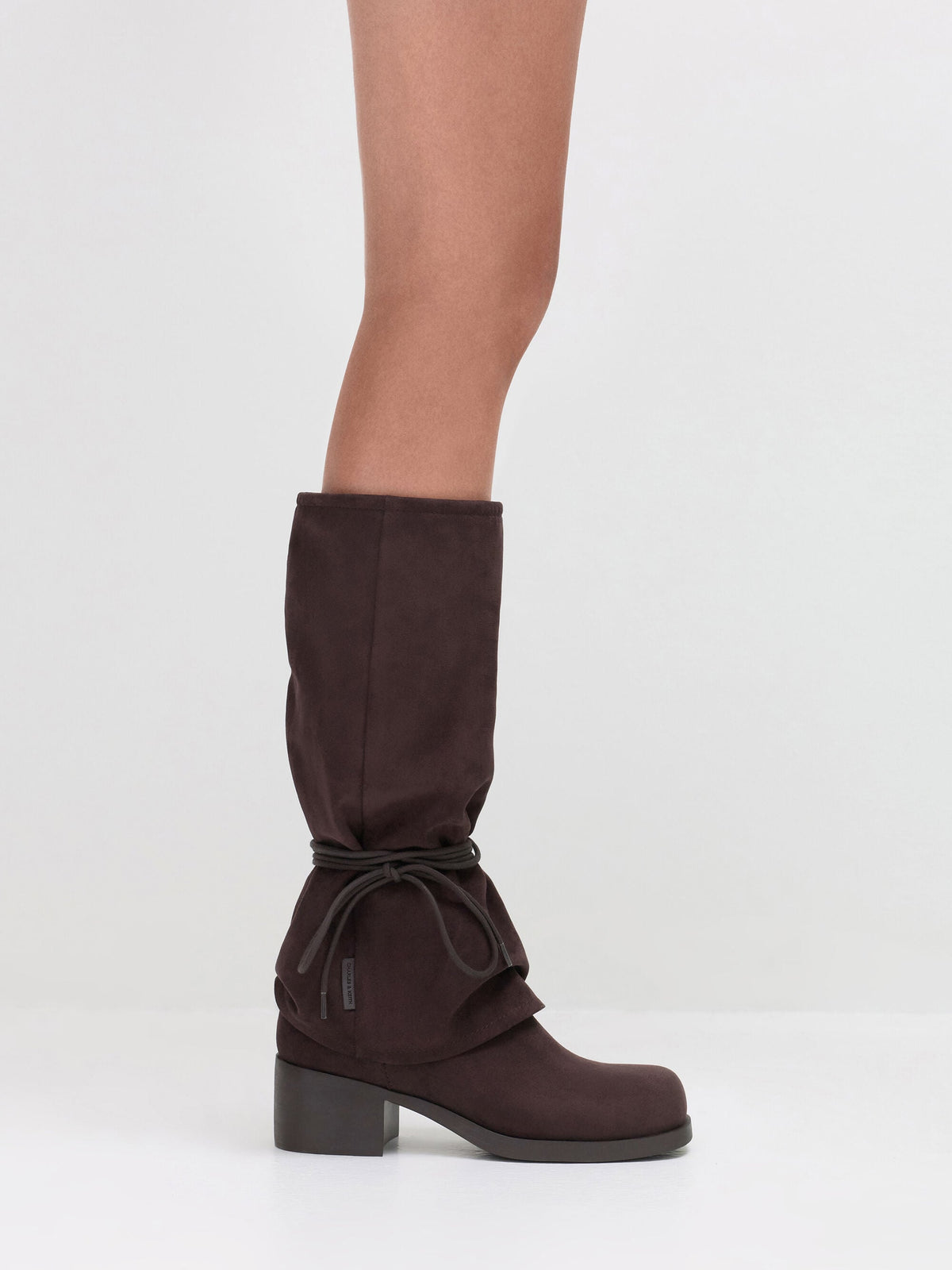 CHARLES & KEITH Quality / Faux Suede Tie-Around Knee-High Boots - Dark Brown Textured