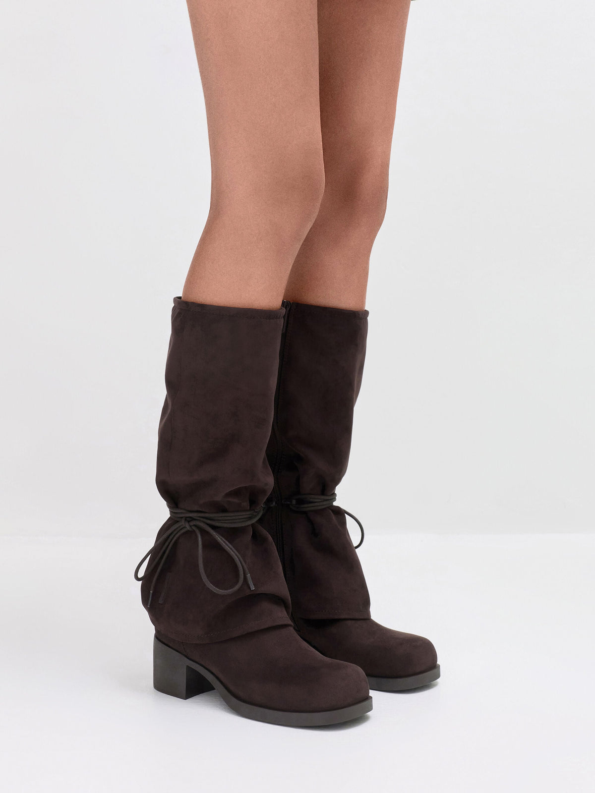 CHARLES & KEITH Quality / Faux Suede Tie-Around Knee-High Boots - Dark Brown Textured