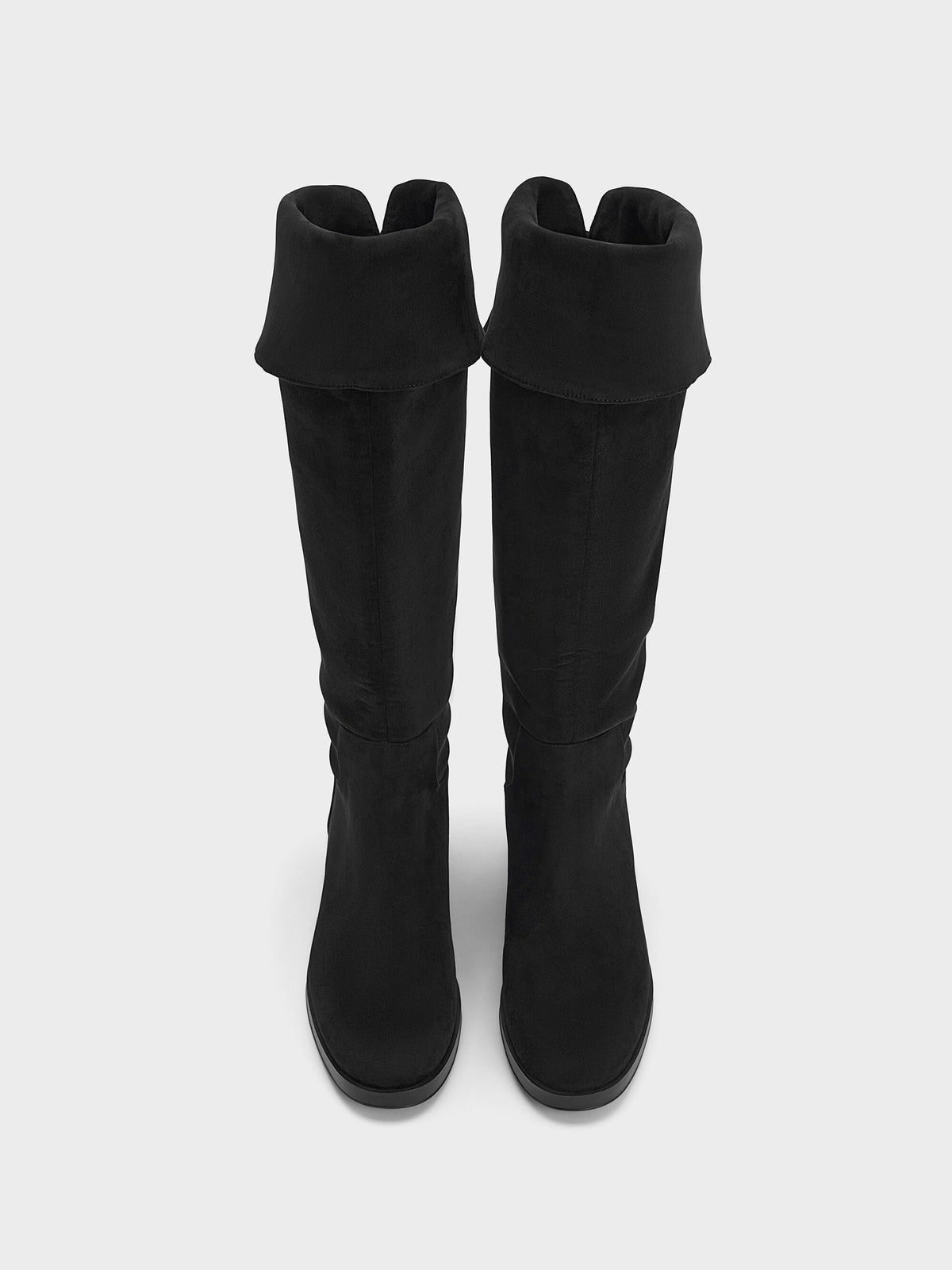CHARLES & KEITH Special Offer / Louisa Faux Suede Fold-Over Thigh-High Boots - Black Textured