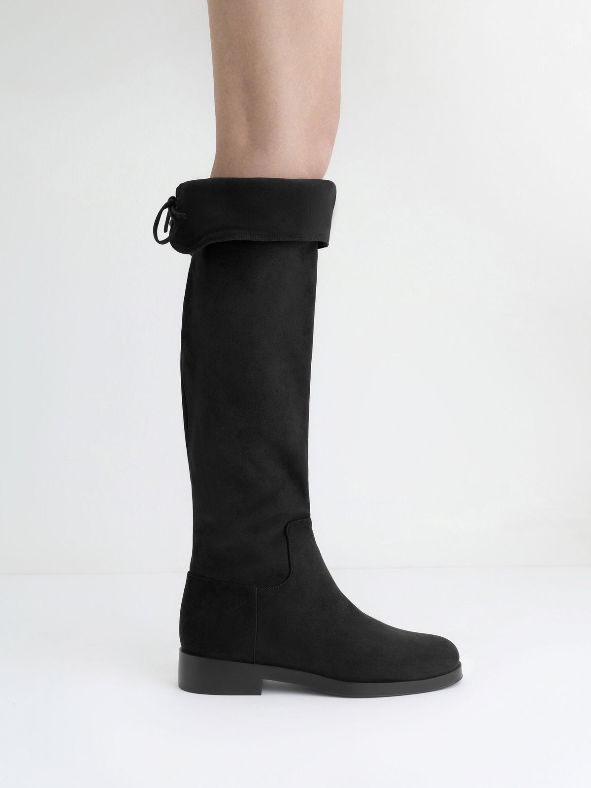 CHARLES & KEITH Special Offer / Louisa Faux Suede Fold-Over Thigh-High Boots - Black Textured