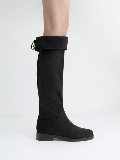 CHARLES & KEITH Special Offer / Louisa Faux Suede Fold-Over Thigh-High Boots - Black Textured