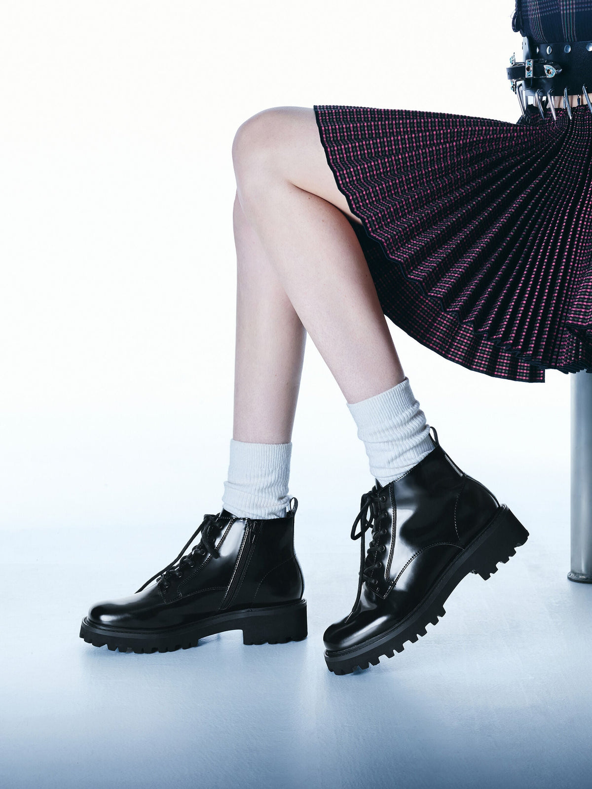 CHARLES & KEITH Latest / Ridged-Sole Side-Zip Combat Boots - Black Box