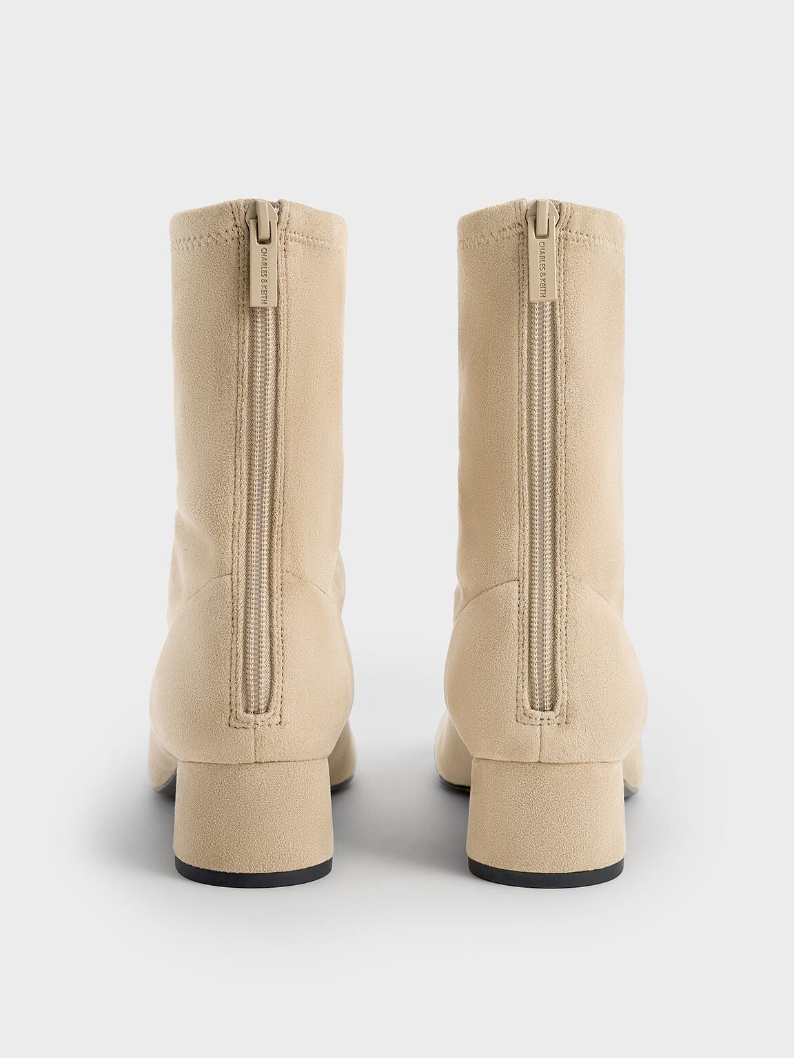 CHARLES & KEITH Best Price / Faux Suede Stitch-Trim Heeled Ankle Boots - Sand