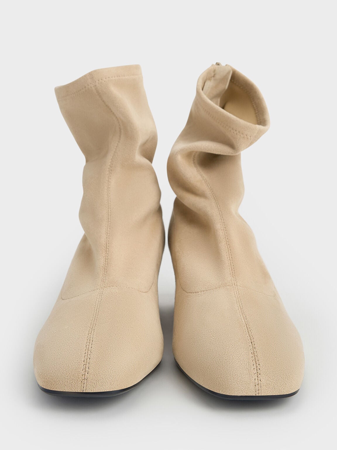 CHARLES & KEITH Best Price / Faux Suede Stitch-Trim Heeled Ankle Boots - Sand