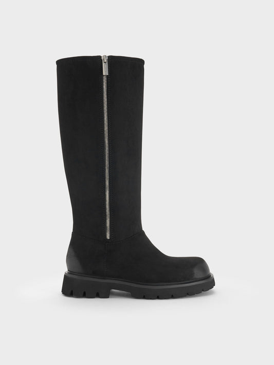CHARLES & KEITH Top Pick / Rosamond Faux Suede Knee-High Boots - Black Textured